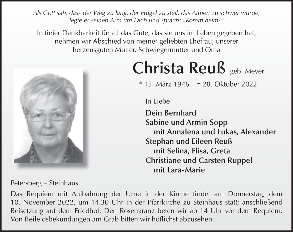  Traueranzeige für Christa Reuß vom 05.11.2022 aus FZ