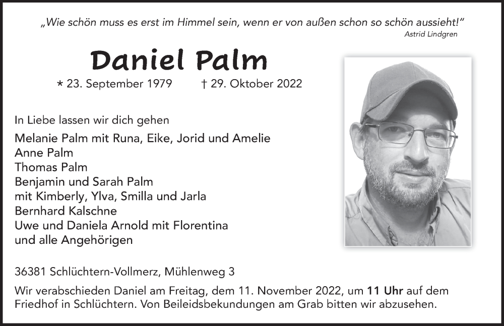  Traueranzeige für Daniel Palm vom 05.11.2022 aus FZ