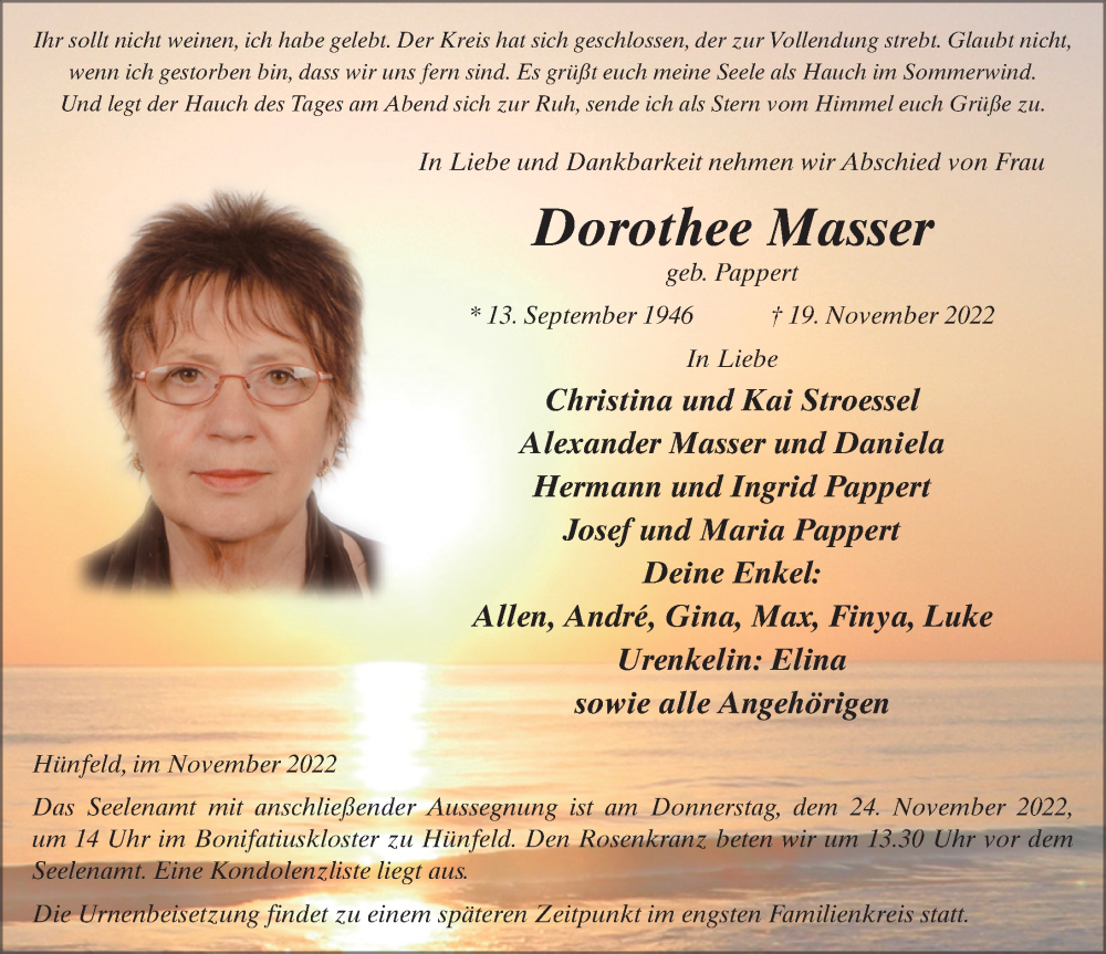  Traueranzeige für Dorothee Masser vom 22.11.2022 aus FZ
