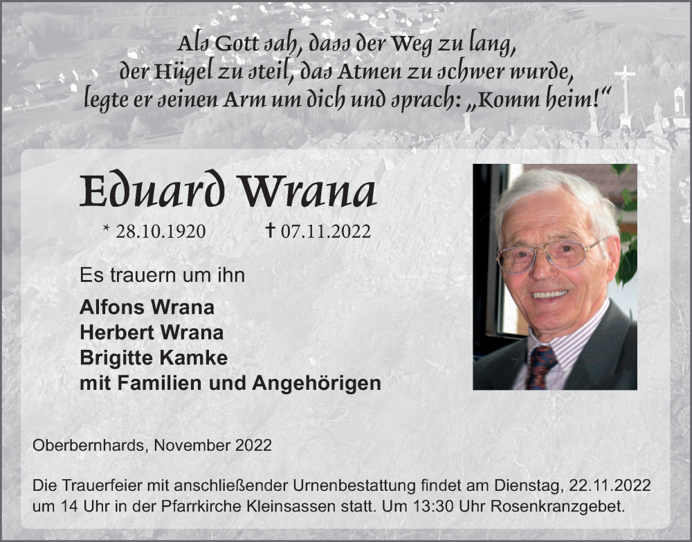  Traueranzeige für Eduard Wrana vom 19.11.2022 aus FZ