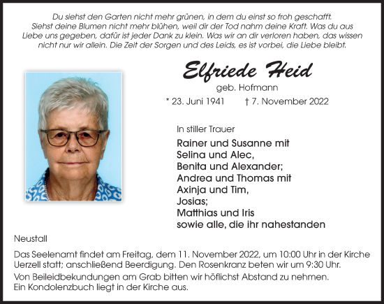 Traueranzeige von Elfriede Heid von FZ