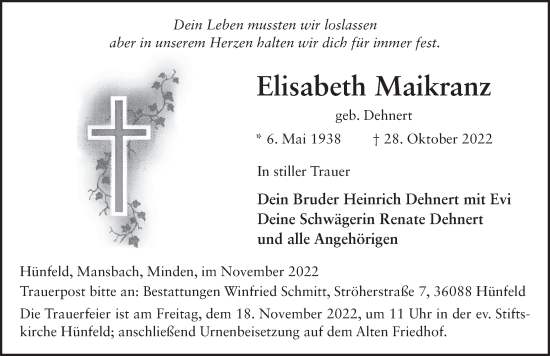 Traueranzeige von Elisabeth Maikranz von FZ