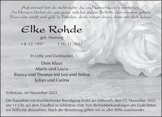 Traueranzeige von Elke Rohde von FZ