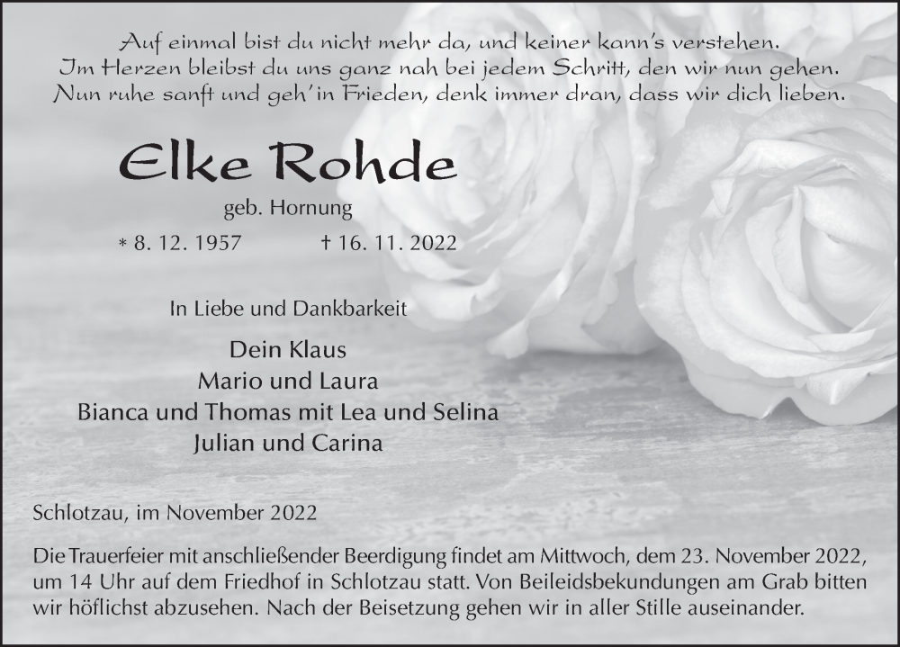  Traueranzeige für Elke Rohde vom 19.11.2022 aus FZ