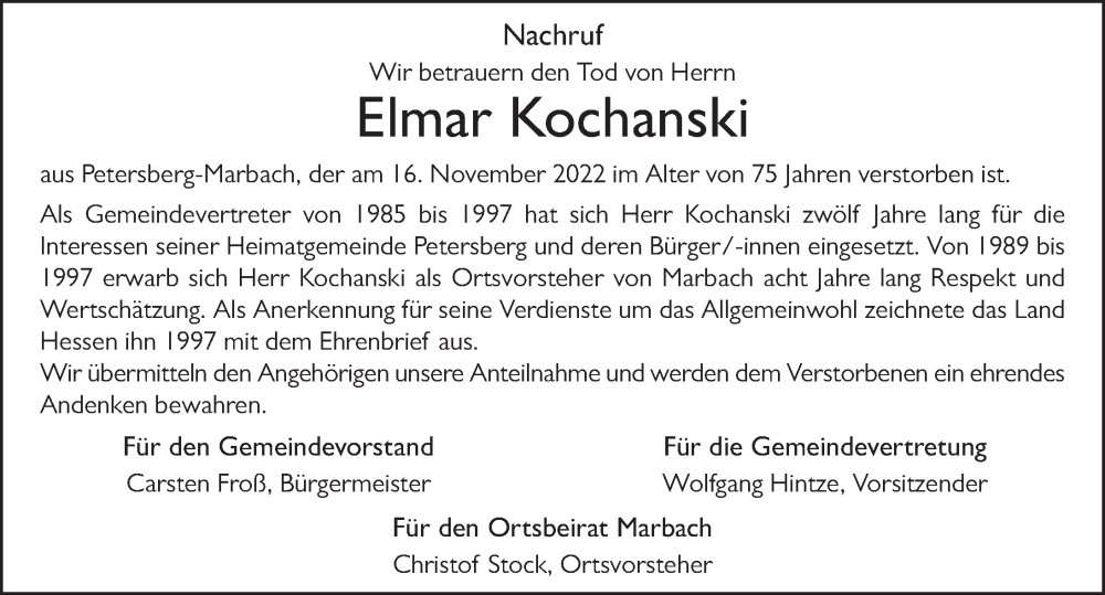  Traueranzeige für Elmar Kochanski vom 23.11.2022 aus FZ