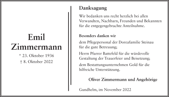Traueranzeige von Emil Zimmermann von FZ