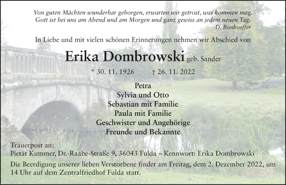  Traueranzeige für Erika Dombrowski vom 30.11.2022 aus FZ