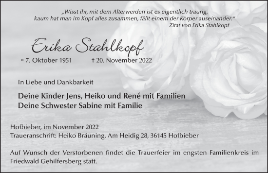 Traueranzeige von Erika Stahlkopf von FZ