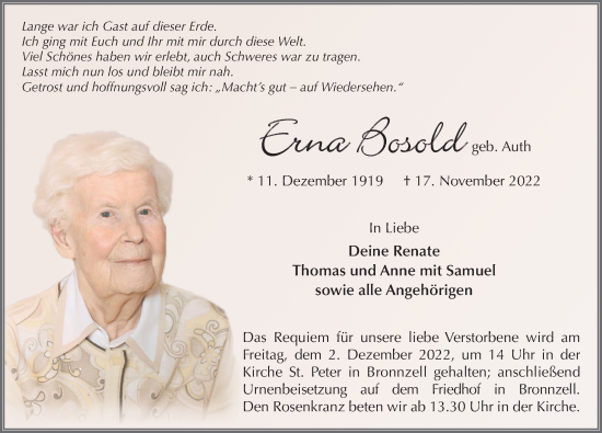 Traueranzeige von Erna Bosold von FZ