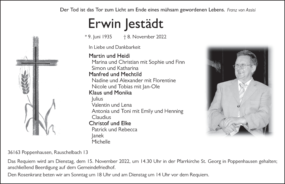 Traueranzeige für Erwin Jestädt vom 12.11.2022 aus FZ