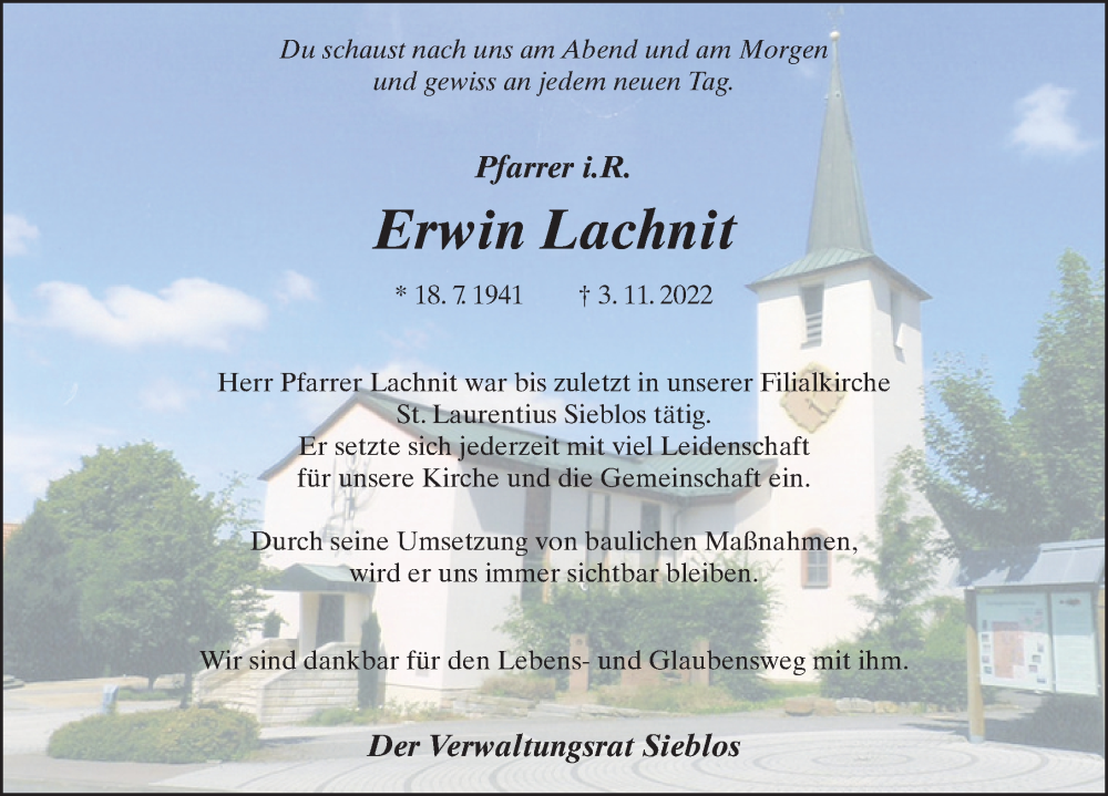  Traueranzeige für Erwin Lachnit vom 09.11.2022 aus FZ