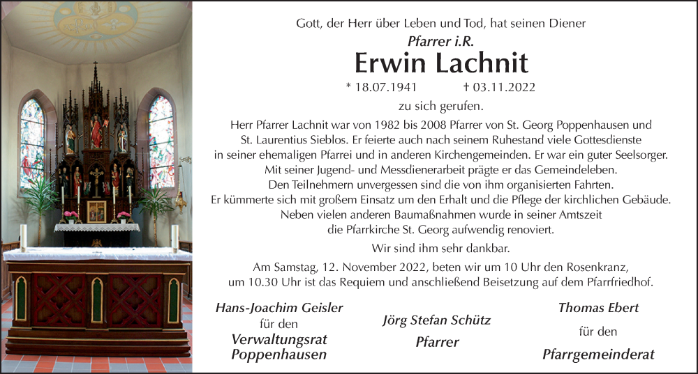  Traueranzeige für Erwin Lachnit vom 09.11.2022 aus FZ
