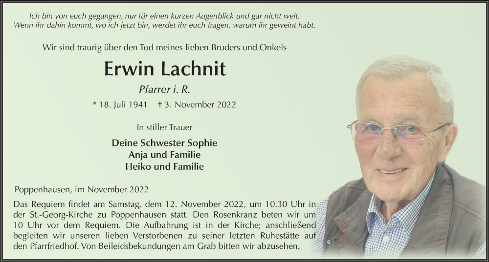  Traueranzeige für Erwin Lachnit vom 09.11.2022 aus FZ