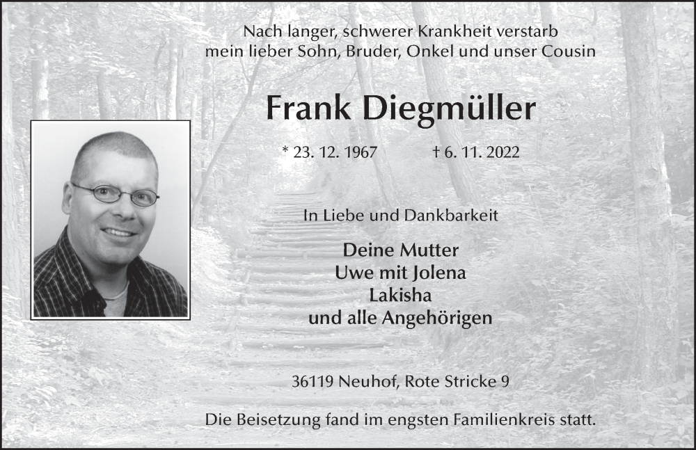  Traueranzeige für Frank Diegmüller vom 26.11.2022 aus FZ