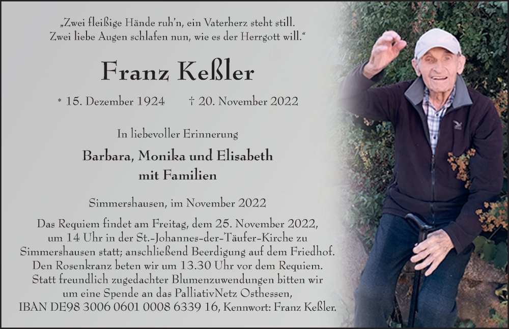  Traueranzeige für Franz Keßler vom 23.11.2022 aus FZ