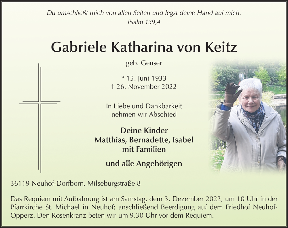  Traueranzeige für Gabriele Katharina von Keitz vom 30.11.2022 aus FZ