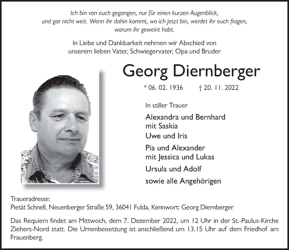  Traueranzeige für Georg Diernberger vom 30.11.2022 aus FZ