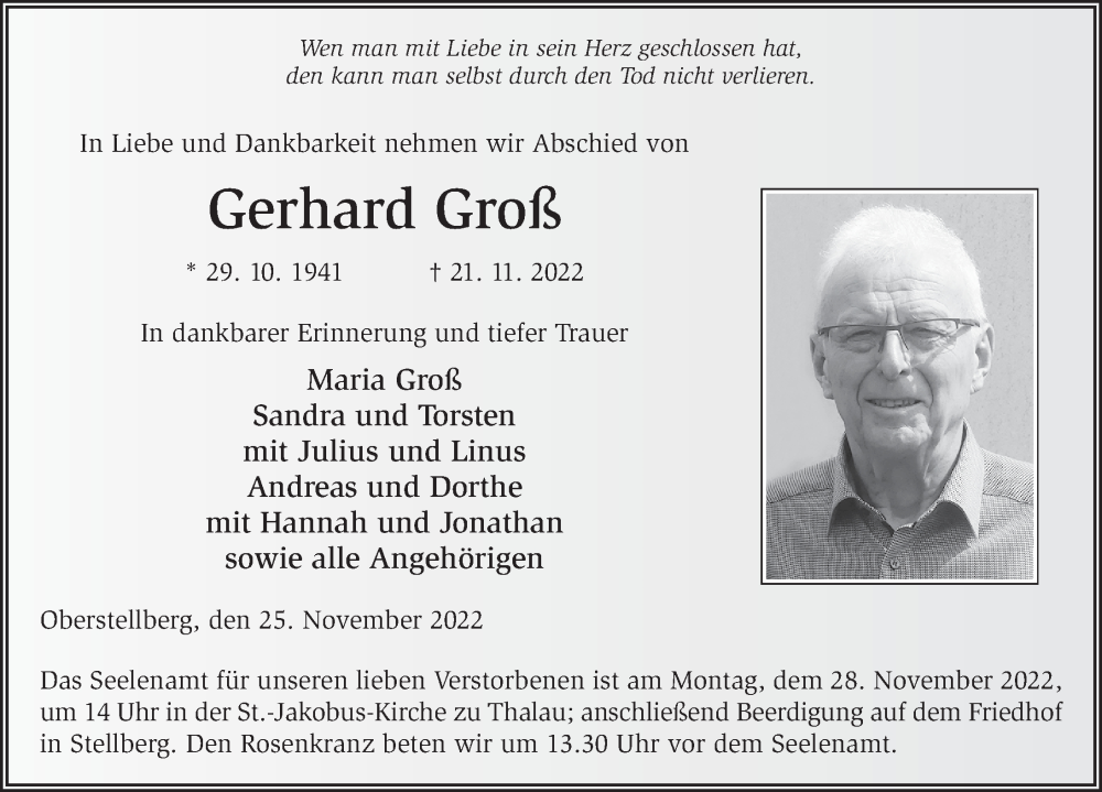  Traueranzeige für Gerhard Groß vom 25.11.2022 aus FZ