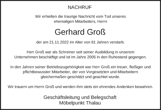 Traueranzeige von Gerhard Groß von FZ
