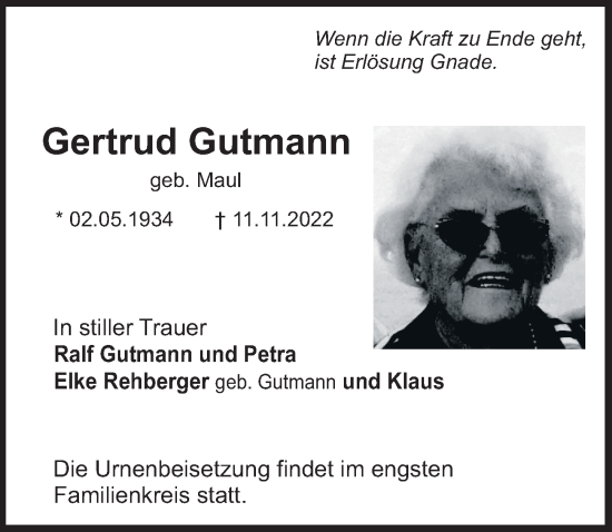 Traueranzeige von Gertrud Gutmann von FZ