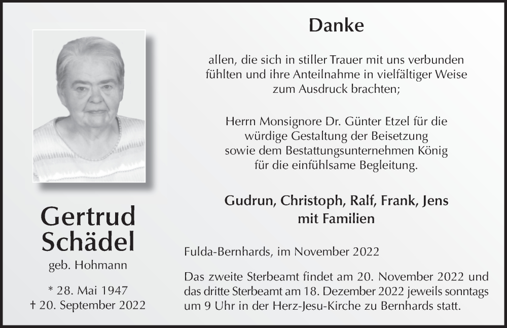  Traueranzeige für Gertrud Schädel vom 12.11.2022 aus FZ