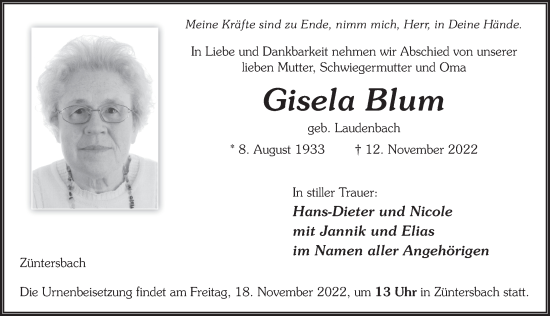 Traueranzeige von Gisela Blum von FZ