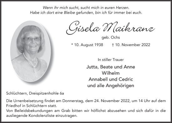 Traueranzeige von Gisela Maikranz von FZ