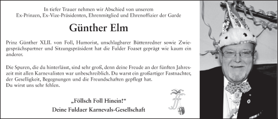 Traueranzeige von Günther Elm von FZ