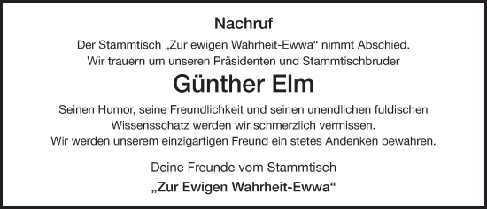 Traueranzeige von Günther Elm von FZ