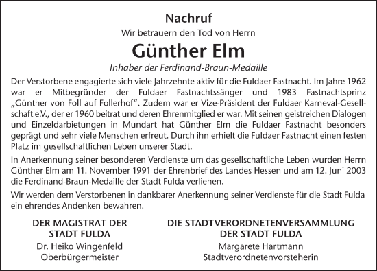 Traueranzeige von Günther Elm von FZ