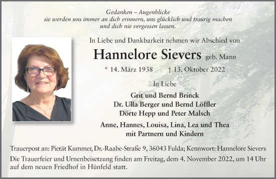 Traueranzeige von Hannelore Sievers von FZ