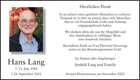 Traueranzeige von Hans Lang von FZ