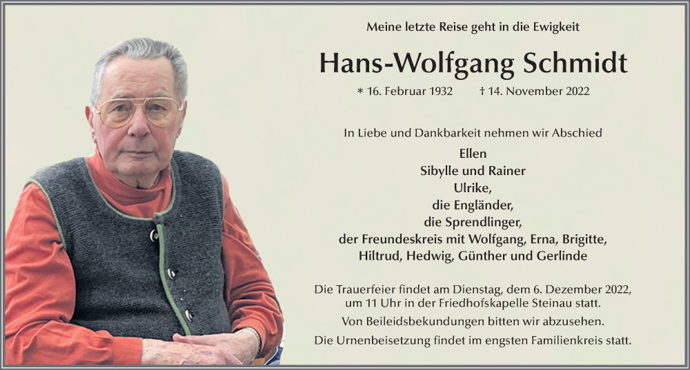  Traueranzeige für Hans-Wolfgang Schmidt vom 24.11.2022 aus FZ