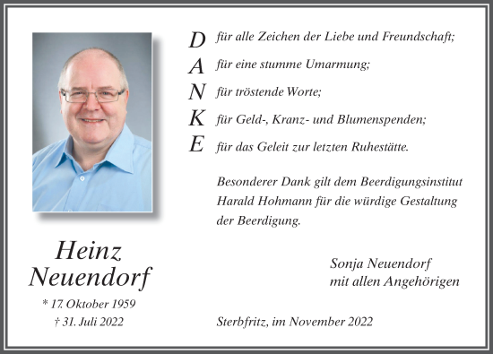 Traueranzeige von Heinz Neuendorf von FZ