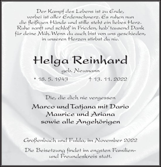 Traueranzeige von Helga Reinhard von FZ