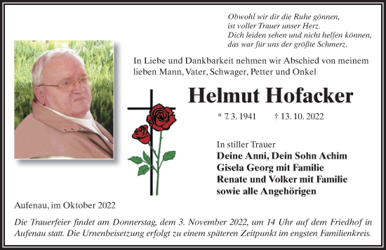Traueranzeige von Helmut Hofacker von FZ