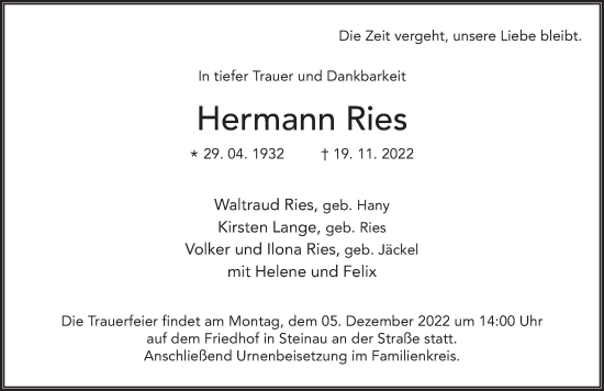 Traueranzeige von Hermann Ries von FZ