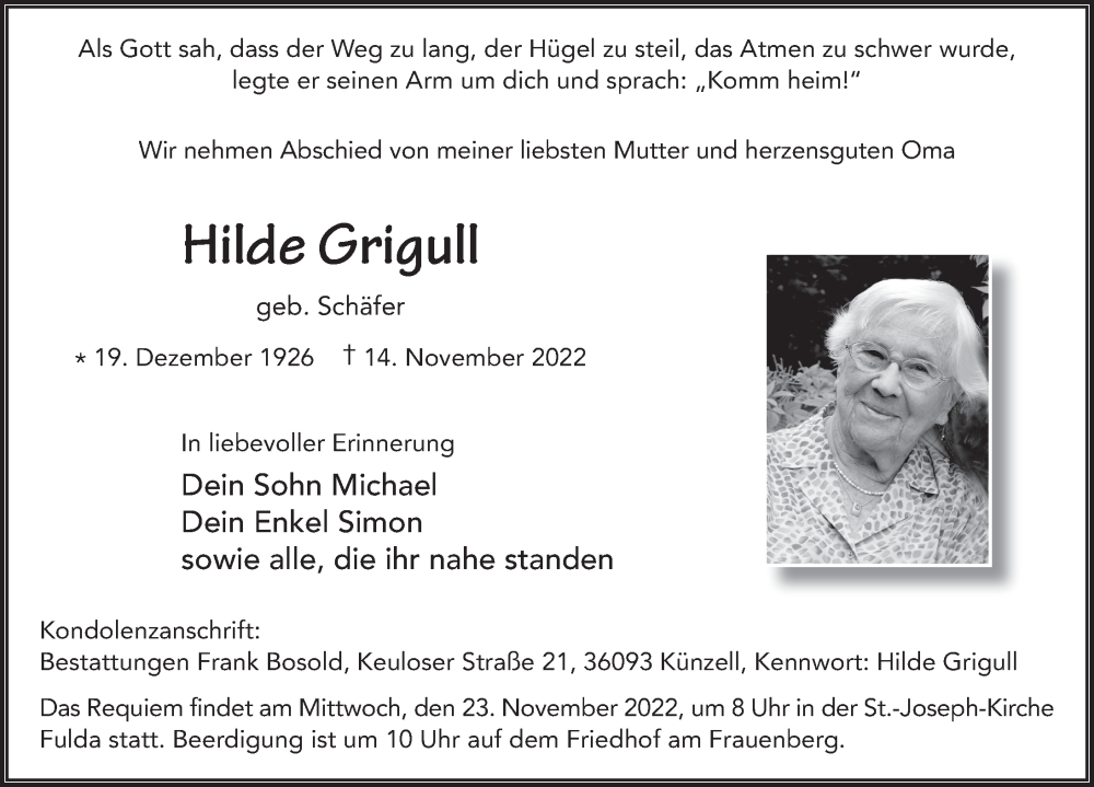  Traueranzeige für Hilde Grigull vom 19.11.2022 aus FZ