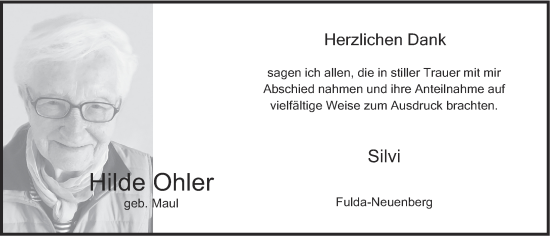 Traueranzeige von Hilde Ohler von FZ