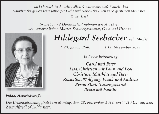 Traueranzeige von Hildegard Seebacher von FZ