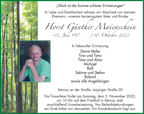 Traueranzeige von Horst Günther Maienschein von FZ
