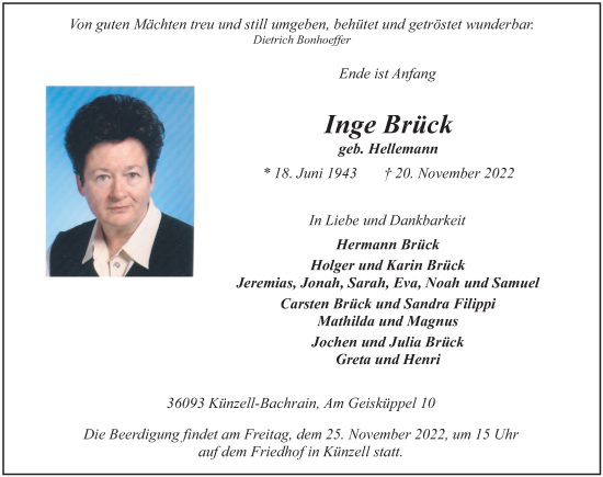 Traueranzeige von Inge Brück von FZ
