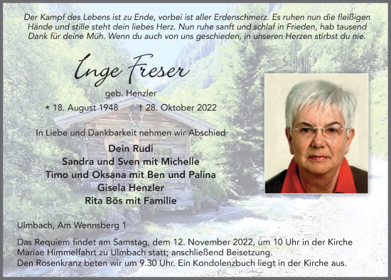 Traueranzeige von Inge Freser von FZ