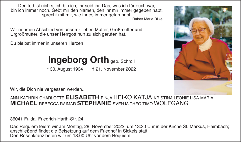  Traueranzeige für Ingeborg Orth vom 25.11.2022 aus FZ