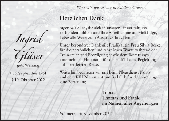Traueranzeige von Ingrid Gläser von FZ