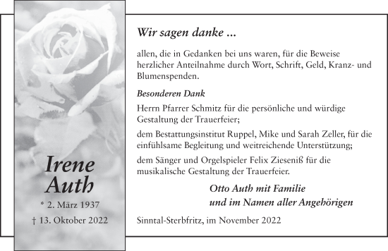 Traueranzeige von Irene Auth von FZ