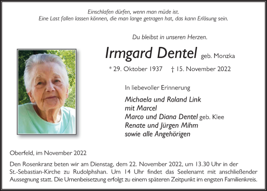 Traueranzeige von Irmgard Dentel von FZ