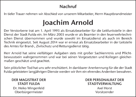 Traueranzeige von Joachim Arnold von FZ