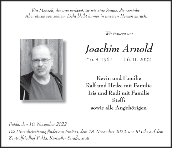Traueranzeige von Joachim Arnold von FZ