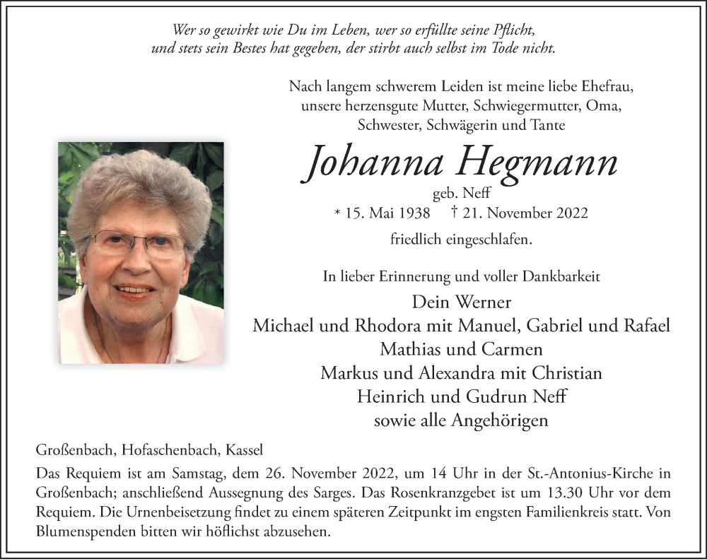  Traueranzeige für Johanna Hegmann vom 23.11.2022 aus FZ